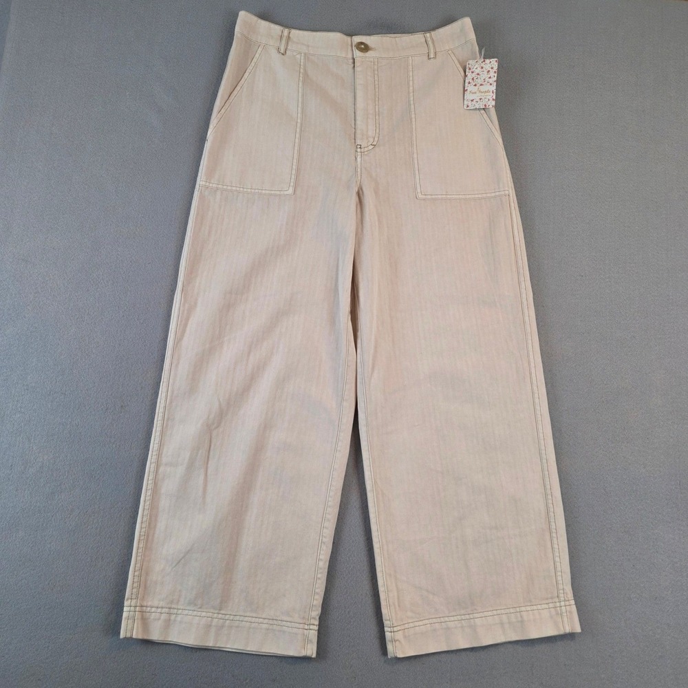 Free People Sunday Skies Wide Leg Herringbone Light Denim Pants Size 10 NEW